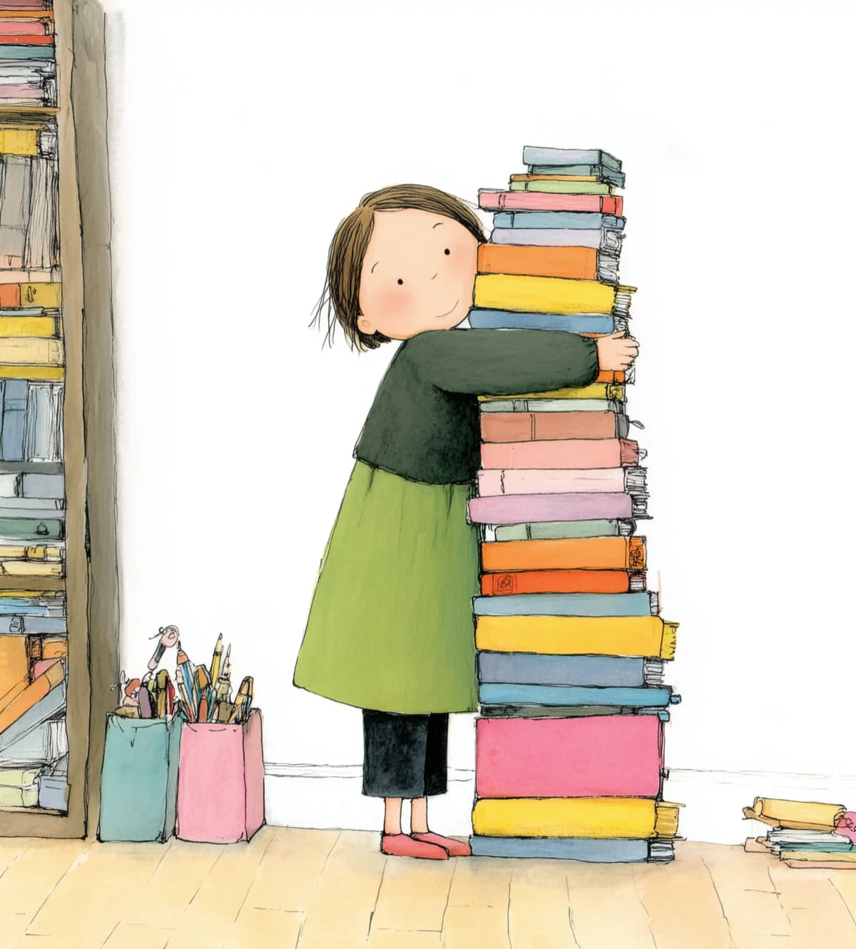 A reader holding a tall stack of books